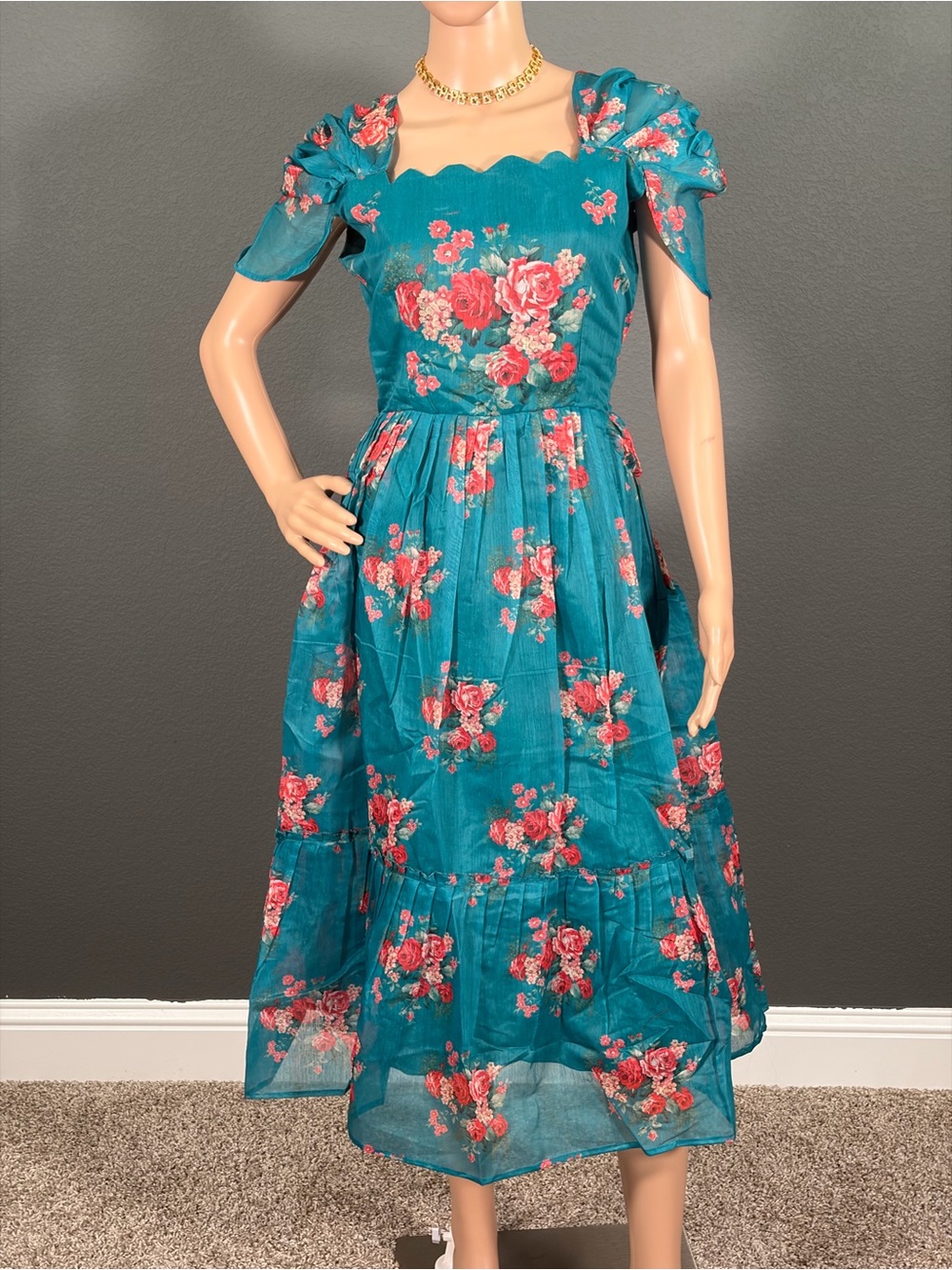 Brand New Teal Floral Midi Dress with Puff Sleeves,Bust - M up to L